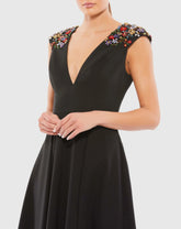 Black Beaded Cap Sleeve A Line Midi Dress